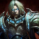 One of Blizzard's characters wearing jagged armor and staring with glowing blue eyes.
